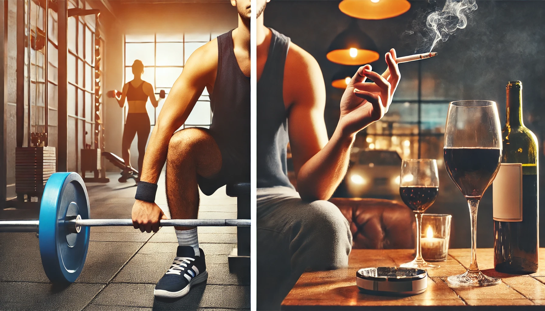 Man smoking cannabis and lifting weight and drinking alcohol